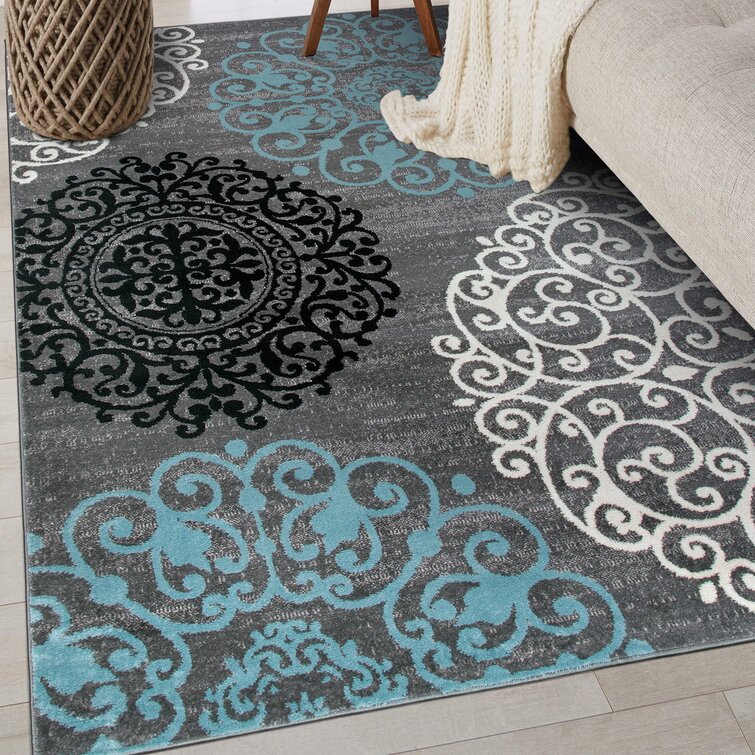 Charlton Home® Padowski Performance Black/White/Gray/Turquoise Rug